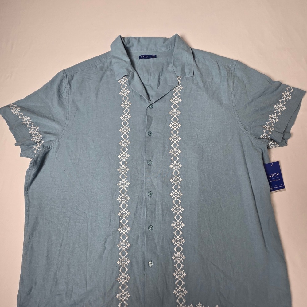 Apt. 9 Button Down Shirt Mens XXL Blue Cotton Linen Embroidered Short Sleeve
